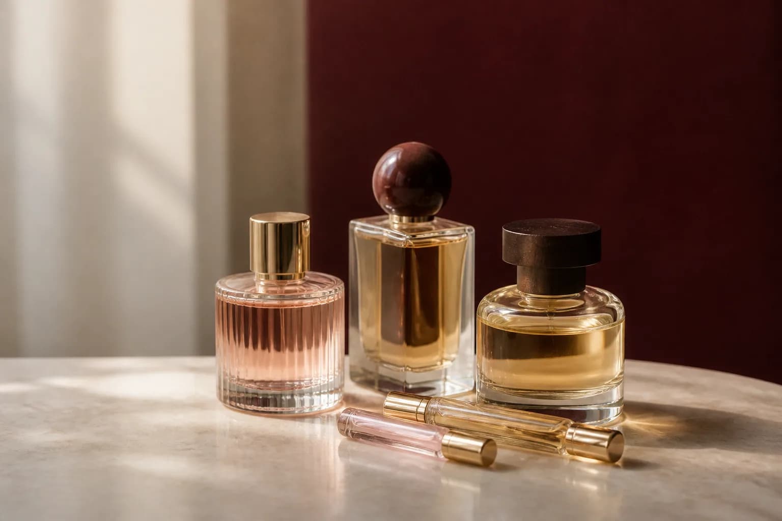 Composição ilustrativa de frascos de perfume e pequenos decants sobre pedra clara.