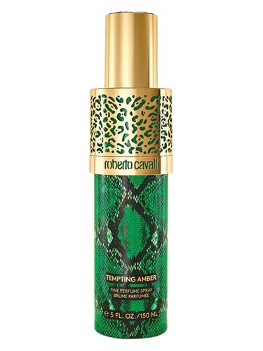 Frasco de Tempting Amber Hair & Body Mist, de Roberto Cavalli