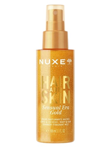 Frasco de Sensual Era Gold Hair & Body Mist, de Nuxe